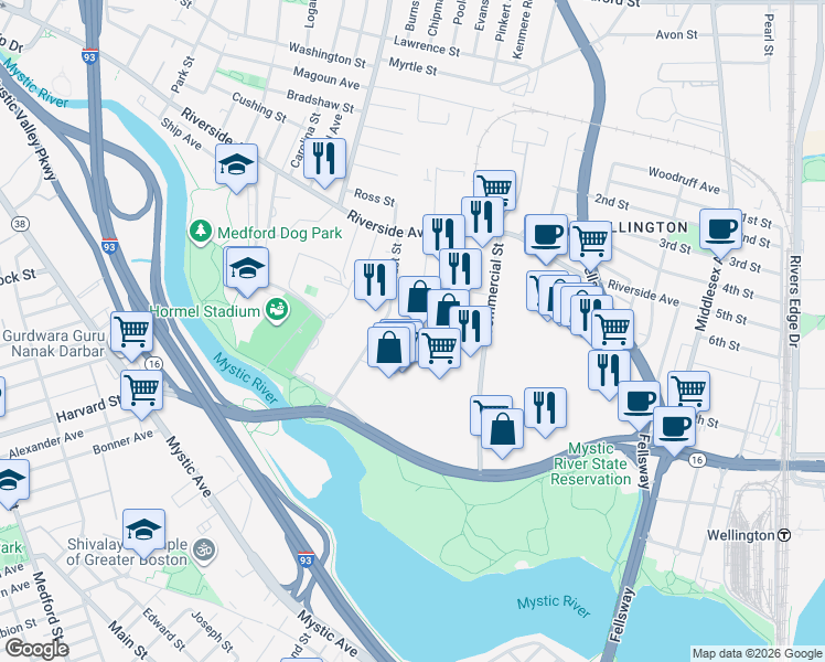 map of restaurants, bars, coffee shops, grocery stores, and more near 3850 Mystic Valley Parkway in Medford