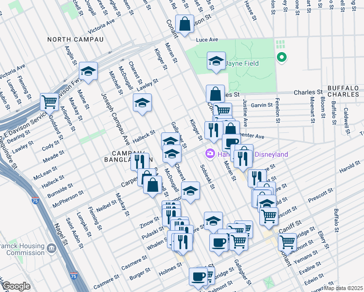 map of restaurants, bars, coffee shops, grocery stores, and more near 12224 Charest Street in Hamtramck