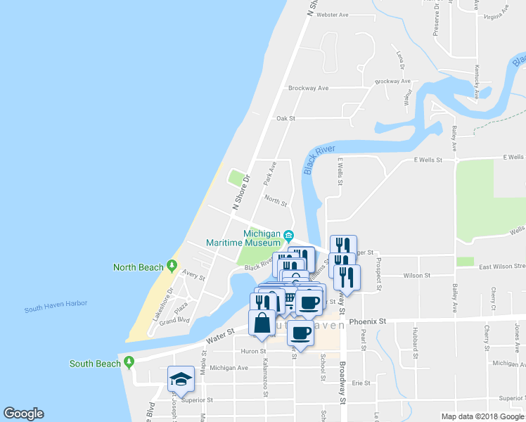 map of restaurants, bars, coffee shops, grocery stores, and more near 220 Park Avenue in South Haven