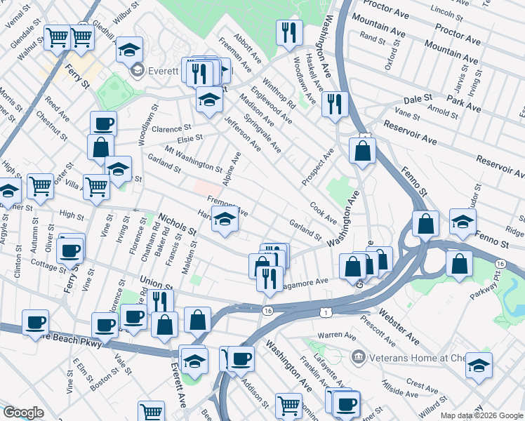 map of restaurants, bars, coffee shops, grocery stores, and more near 60 Franklin Street in Chelsea