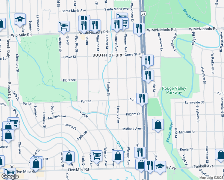 map of restaurants, bars, coffee shops, grocery stores, and more near 16172 Fenton in Detroit