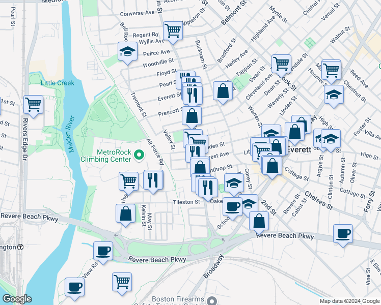 map of restaurants, bars, coffee shops, grocery stores, and more near 10 Waters Avenue in Everett