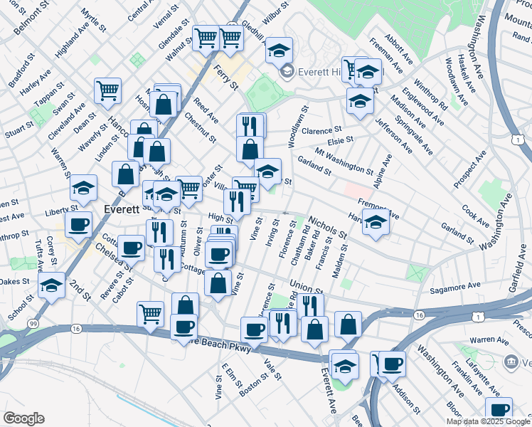 map of restaurants, bars, coffee shops, grocery stores, and more near 148 Irving Street in Everett