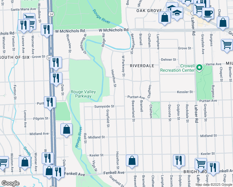 map of restaurants, bars, coffee shops, grocery stores, and more near 16110 Hazelton Street in Detroit