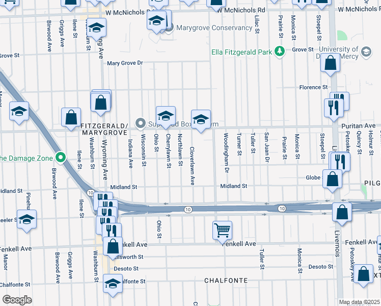 map of restaurants, bars, coffee shops, grocery stores, and more near 15801 Cloverlawn Avenue in Detroit