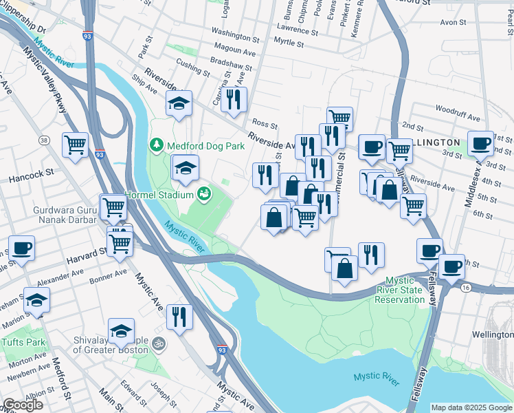 map of restaurants, bars, coffee shops, grocery stores, and more near 61 Locust Street in Medford