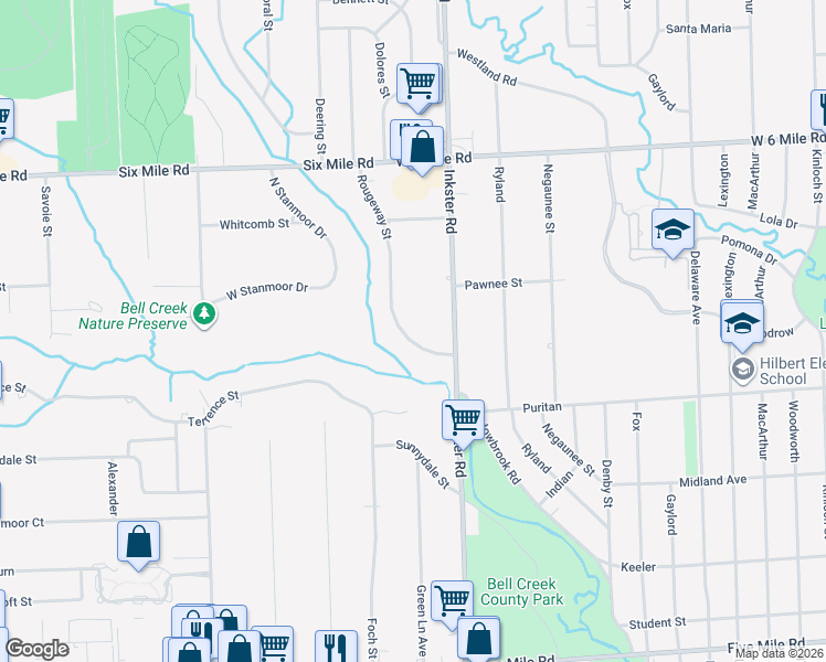 map of restaurants, bars, coffee shops, grocery stores, and more near 16480 Rougeway Street in Livonia