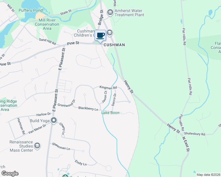 map of restaurants, bars, coffee shops, grocery stores, and more near 19 Jason Court in Amherst