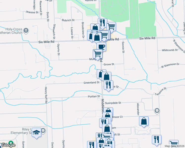 map of restaurants, bars, coffee shops, grocery stores, and more near 16569 Middlebelt Road in Livonia
