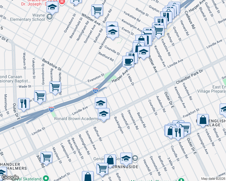 map of restaurants, bars, coffee shops, grocery stores, and more near 5900 Haverhill Street in Detroit