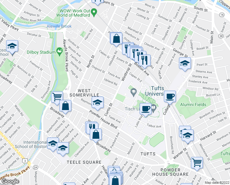 map of restaurants, bars, coffee shops, grocery stores, and more near 148 Curtis Street in Somerville