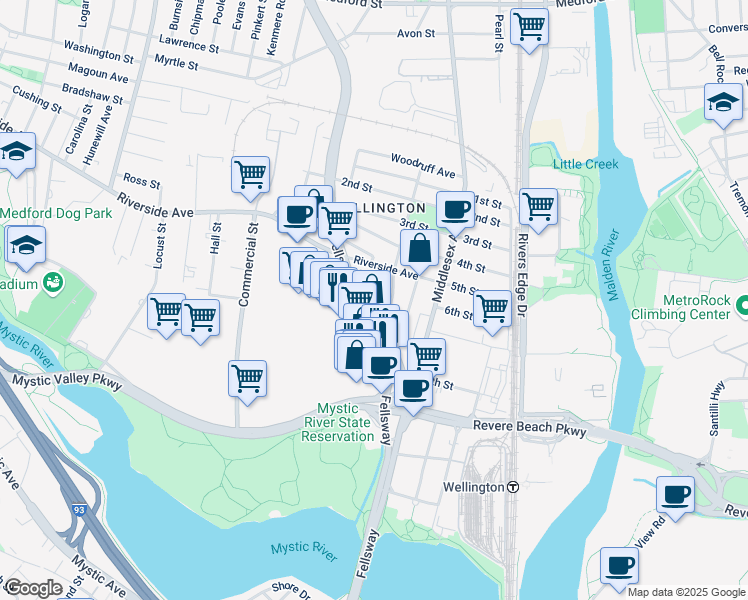 map of restaurants, bars, coffee shops, grocery stores, and more near 691 Fellsway in Medford