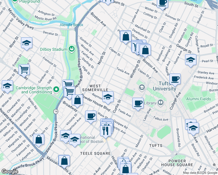 map of restaurants, bars, coffee shops, grocery stores, and more near 54 Curtis Avenue in Somerville