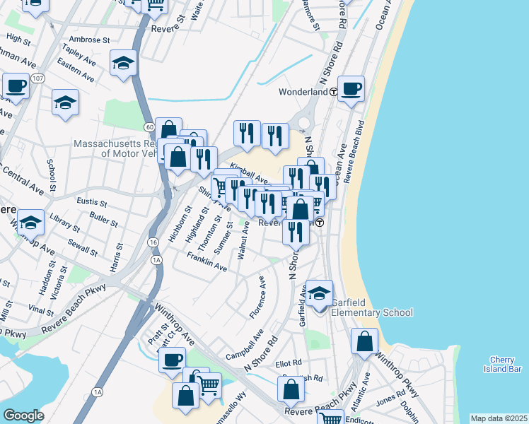 map of restaurants, bars, coffee shops, grocery stores, and more near 108 Shirley Avenue in Revere