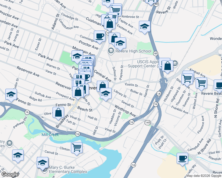 map of restaurants, bars, coffee shops, grocery stores, and more near 156 Beach Street in Revere