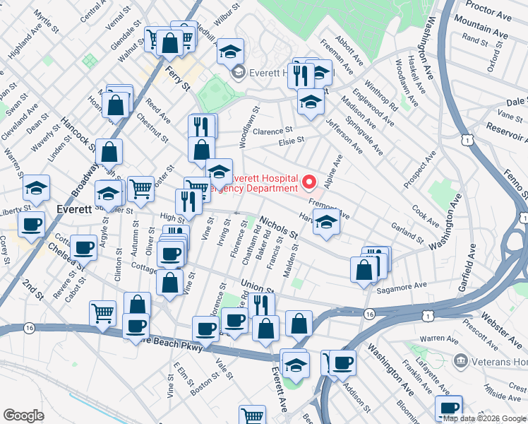 map of restaurants, bars, coffee shops, grocery stores, and more near 104 Nichols Street in Everett