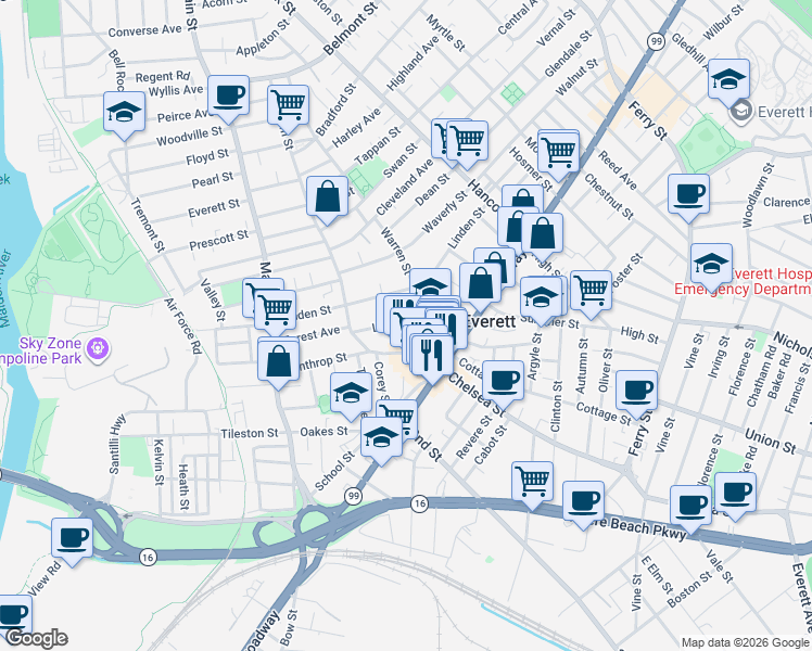 map of restaurants, bars, coffee shops, grocery stores, and more near 25 Devens Street in Everett