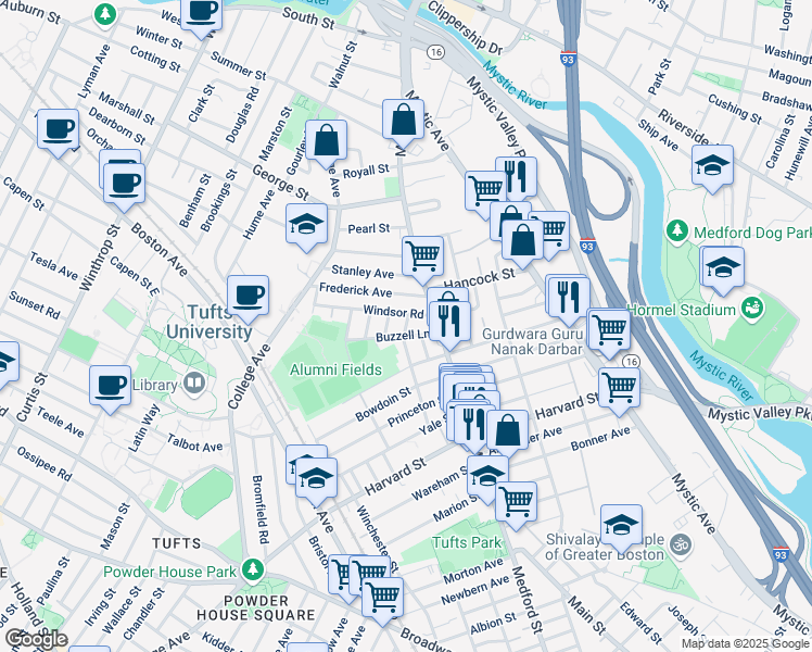 map of restaurants, bars, coffee shops, grocery stores, and more near 20 Buzzell Lane in Medford