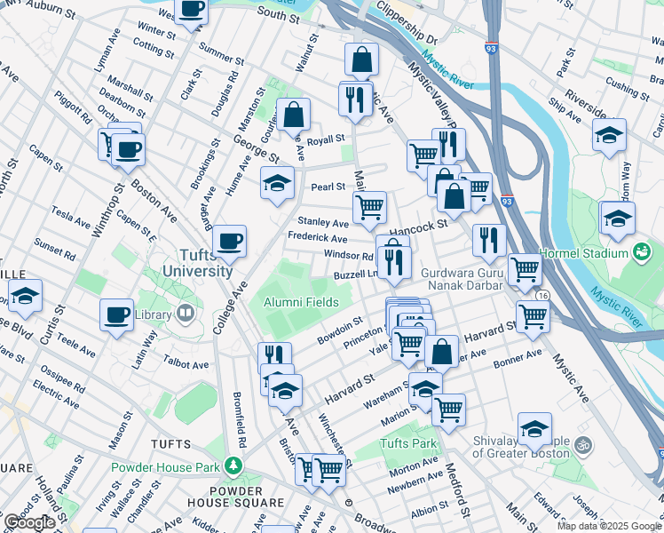 map of restaurants, bars, coffee shops, grocery stores, and more near 26 Renfrew Street in Medford