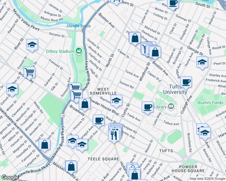 map of restaurants, bars, coffee shops, grocery stores, and more near 54 Curtis Avenue in Somerville