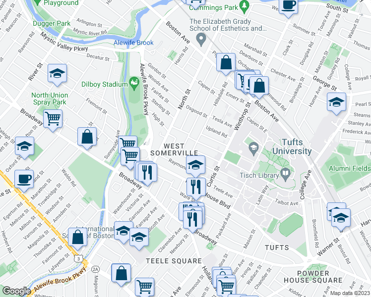 map of restaurants, bars, coffee shops, grocery stores, and more near 54 Curtis Avenue in Somerville