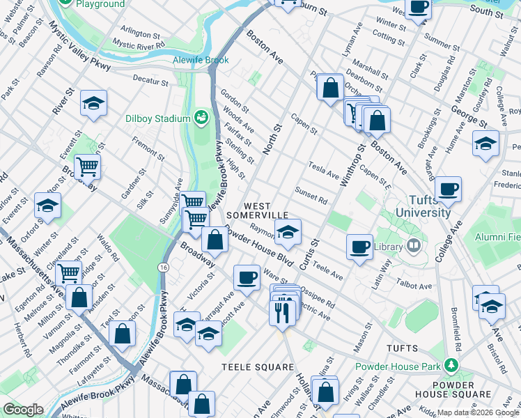 map of restaurants, bars, coffee shops, grocery stores, and more near in Somerville