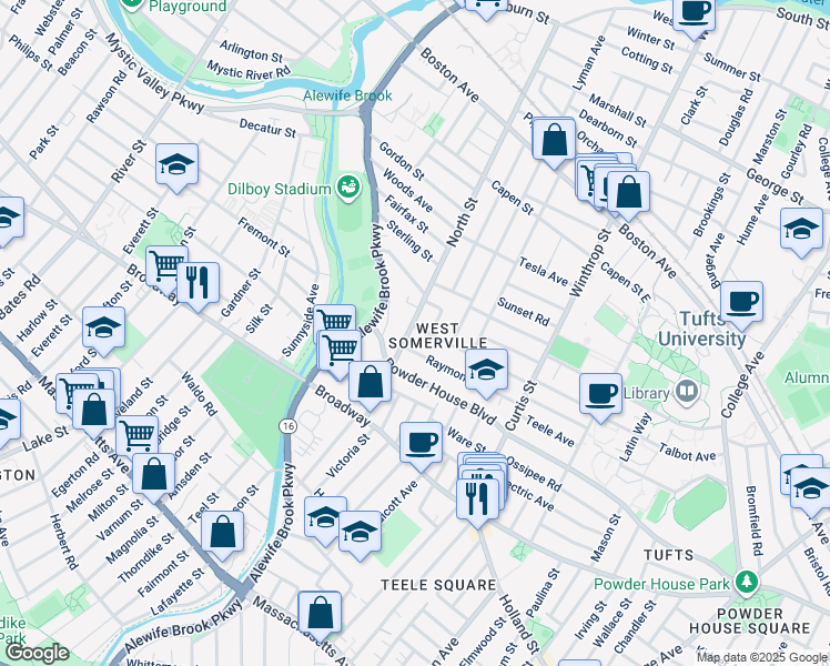 map of restaurants, bars, coffee shops, grocery stores, and more near 66 North Street in Somerville