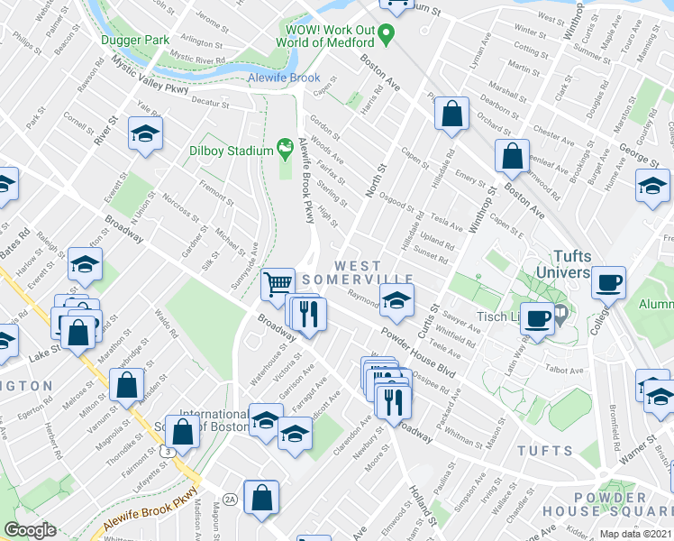 map of restaurants, bars, coffee shops, grocery stores, and more near 66 North Street in Somerville