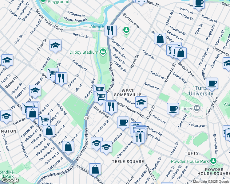 map of restaurants, bars, coffee shops, grocery stores, and more near 66 North Street in Somerville