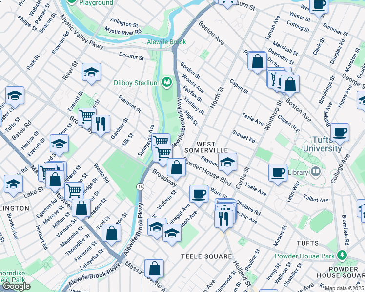 map of restaurants, bars, coffee shops, grocery stores, and more near 66 North Street in Somerville
