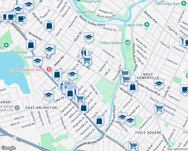 map of restaurants, bars, coffee shops, grocery stores, and more near 90 Marathon Street in Arlington