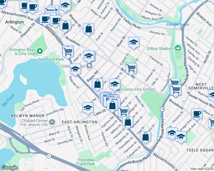 map of restaurants, bars, coffee shops, grocery stores, and more near 46-48 Oxford Street in Arlington