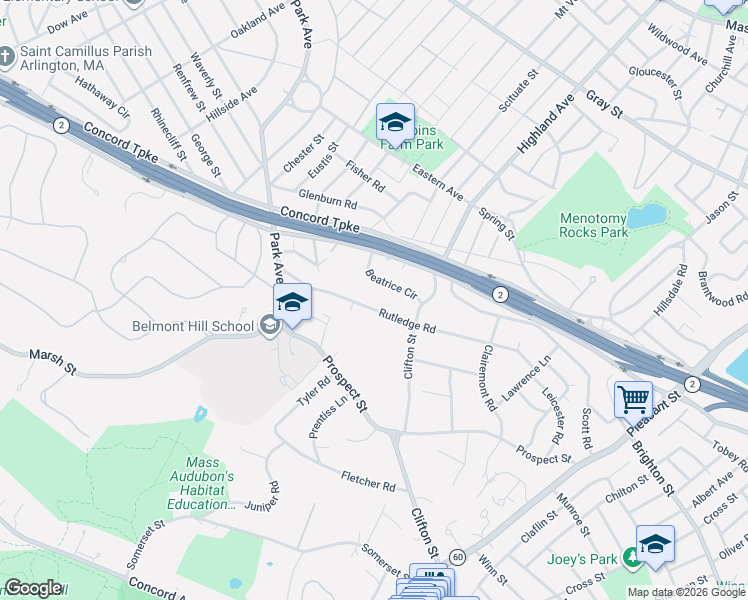 map of restaurants, bars, coffee shops, grocery stores, and more near 184 Rutledge Road in Belmont