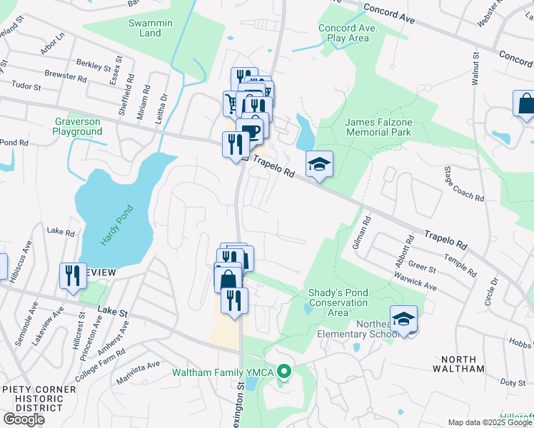 map of restaurants, bars, coffee shops, grocery stores, and more near 35 Jacqueline Road in Waltham