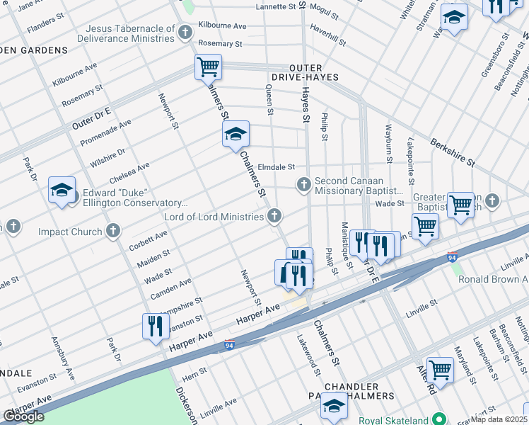 map of restaurants, bars, coffee shops, grocery stores, and more near 9439 Chalmers Street in Detroit