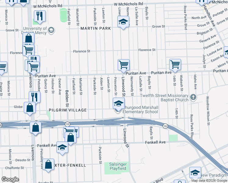 map of restaurants, bars, coffee shops, grocery stores, and more near 15804 Princeton Street in Detroit