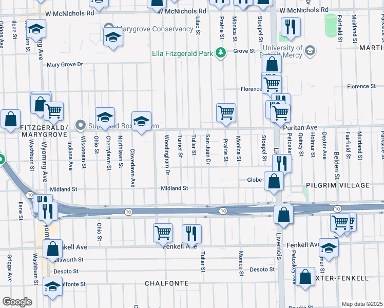 map of restaurants, bars, coffee shops, grocery stores, and more near 15838 Turner Street in Detroit
