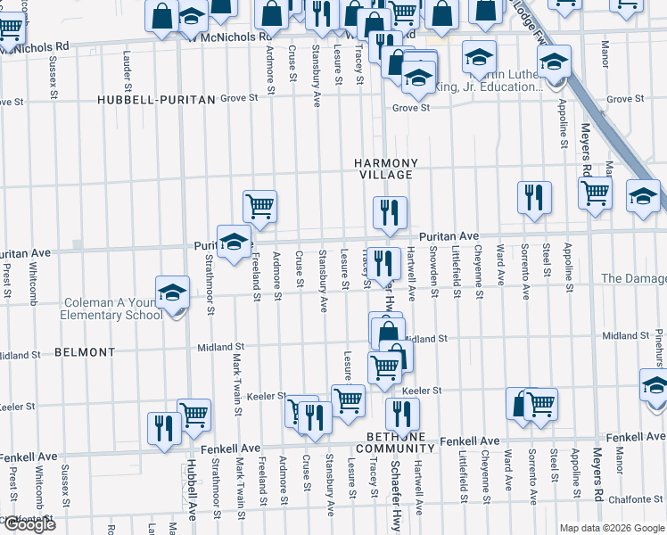 map of restaurants, bars, coffee shops, grocery stores, and more near 15840 Stansbury Avenue in Detroit