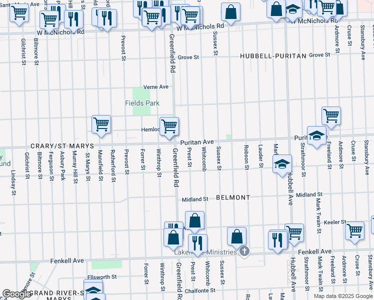 map of restaurants, bars, coffee shops, grocery stores, and more near 15866 Prest Street in Detroit