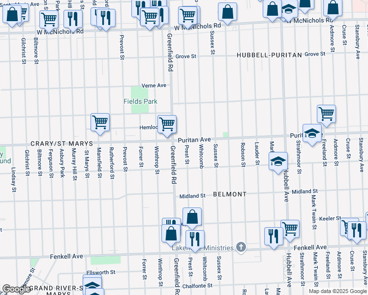 map of restaurants, bars, coffee shops, grocery stores, and more near 15866 Prest Street in Detroit