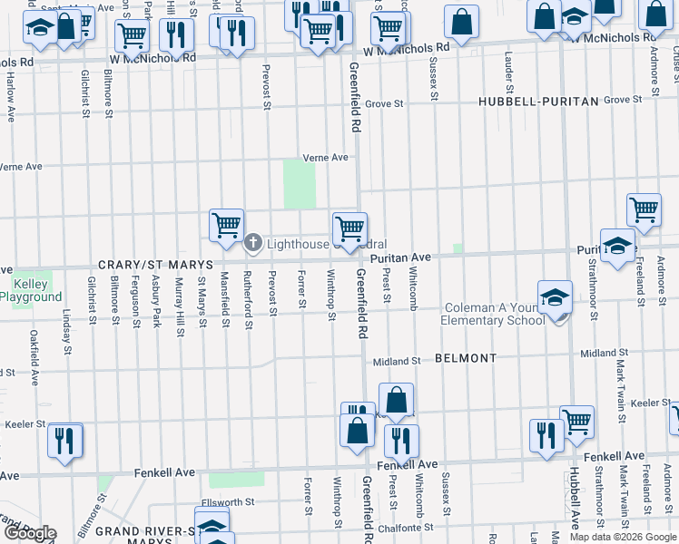 map of restaurants, bars, coffee shops, grocery stores, and more near 15871 Winthrop Street in Detroit