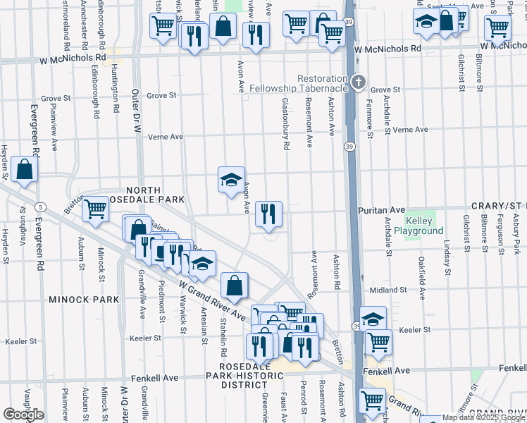 map of restaurants, bars, coffee shops, grocery stores, and more near 18633 Puritan Avenue in Detroit