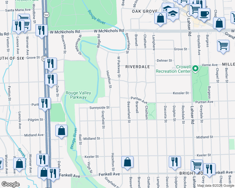 map of restaurants, bars, coffee shops, grocery stores, and more near 16110 Hazelton Street in Detroit