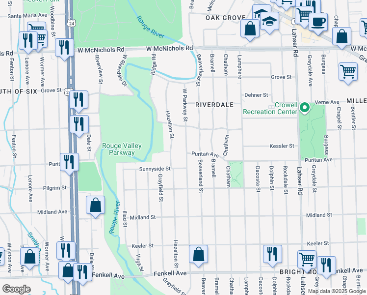 map of restaurants, bars, coffee shops, grocery stores, and more near 16110 Hazelton Street in Detroit