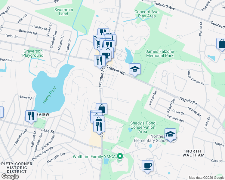 map of restaurants, bars, coffee shops, grocery stores, and more near 15 Dolores Avenue in Waltham