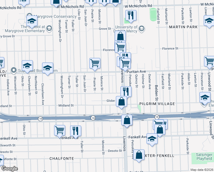 map of restaurants, bars, coffee shops, grocery stores, and more near 15828 Monica Street in Detroit