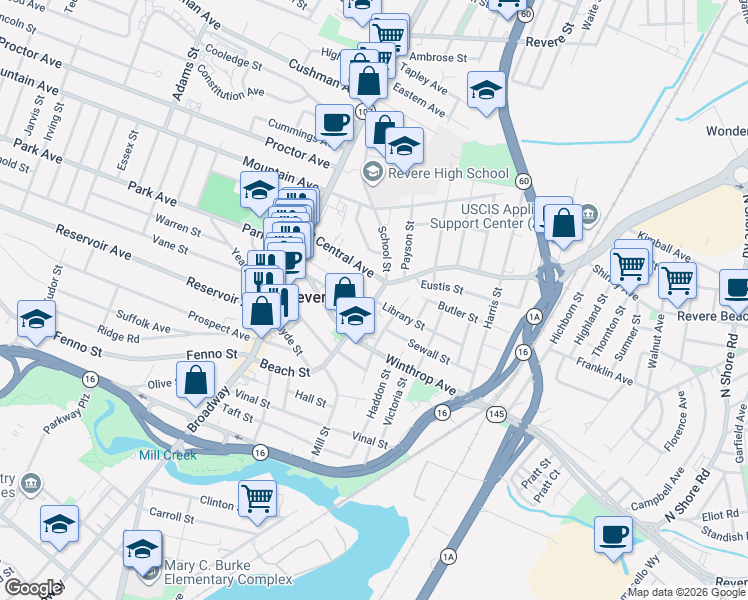 map of restaurants, bars, coffee shops, grocery stores, and more near 156 Beach Street in Revere