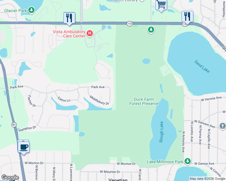 map of restaurants, bars, coffee shops, grocery stores, and more near 522 Middlebury Drive in Lake Villa