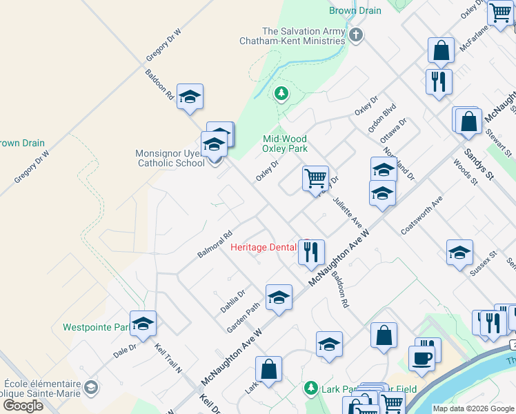 map of restaurants, bars, coffee shops, grocery stores, and more near 115 Doverdoon Drive in Chatham