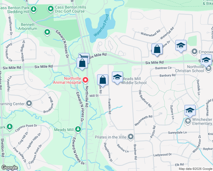 map of restaurants, bars, coffee shops, grocery stores, and more near 16715 Franklin Road in Northville